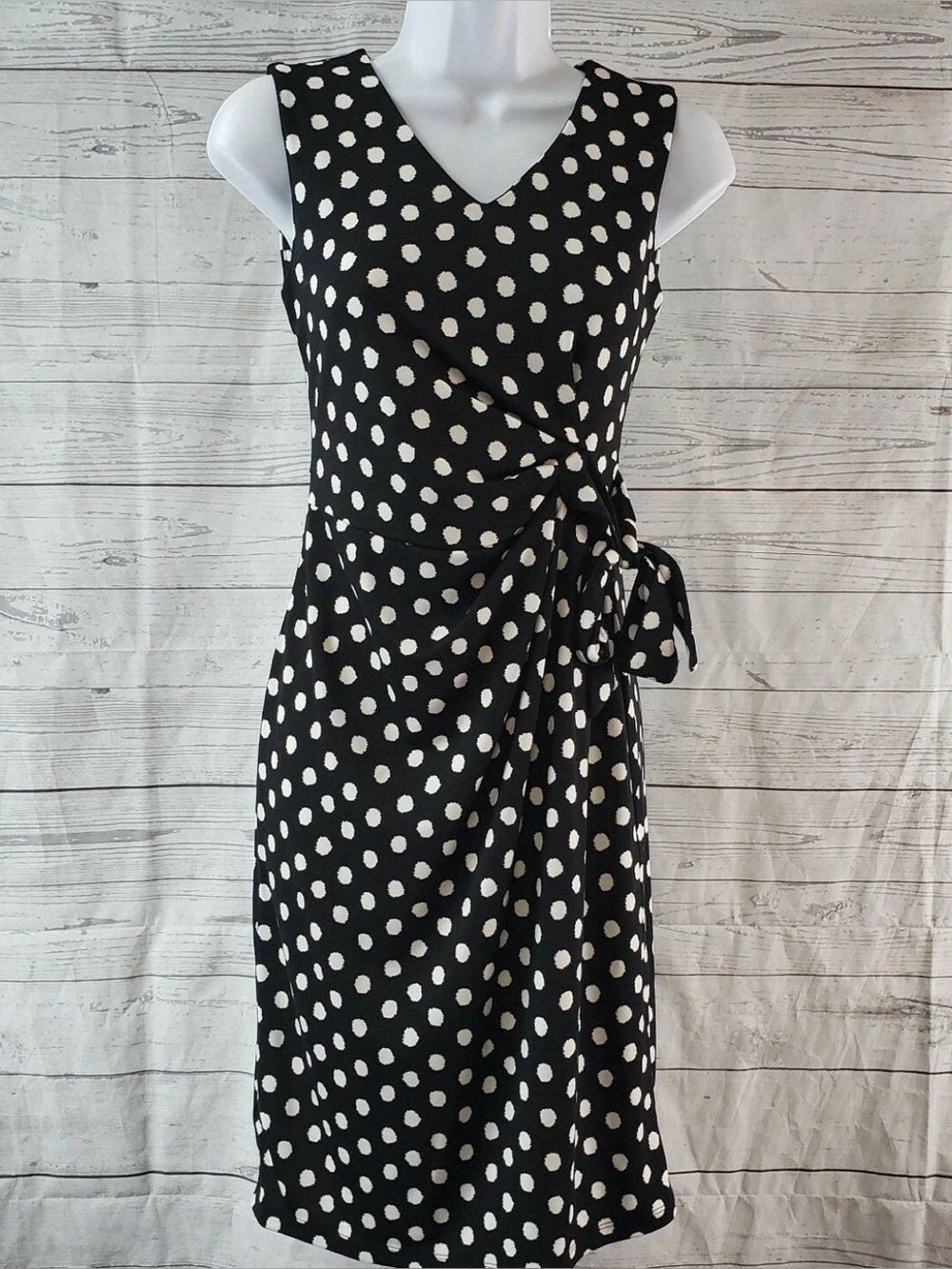 Talbots Womens Faux Wrap Dress Black White Polka Dots Sleeveless Size Mp Office